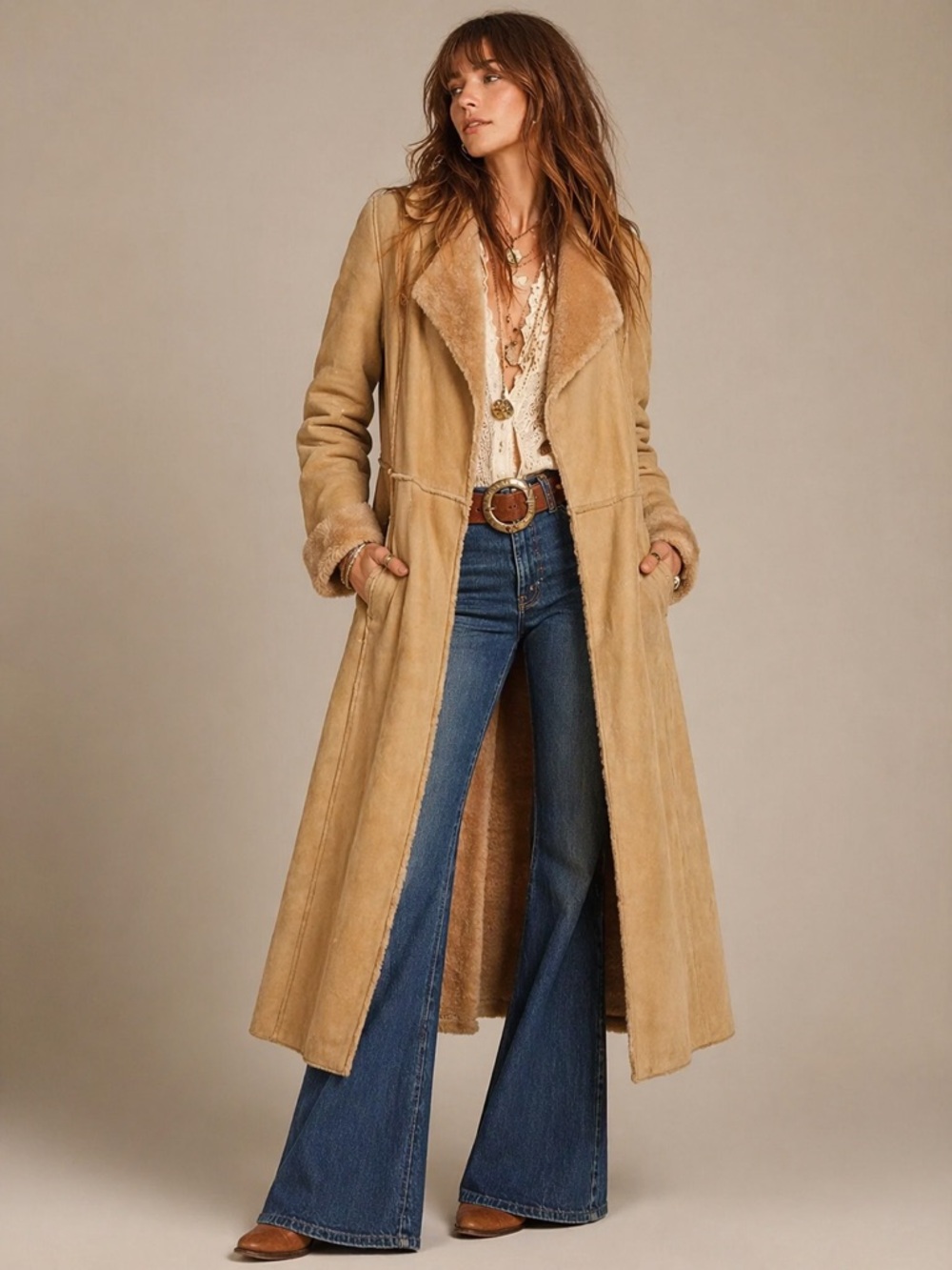 Vintage Tan genuine suede shearling duster long jacket size medium Coat Camel